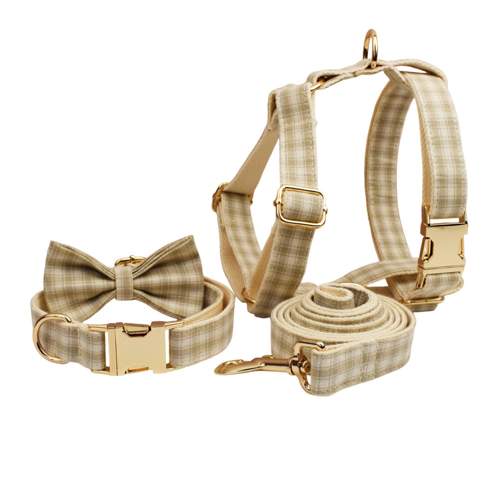 Collar y correa para perro de cuadros beige y blancos