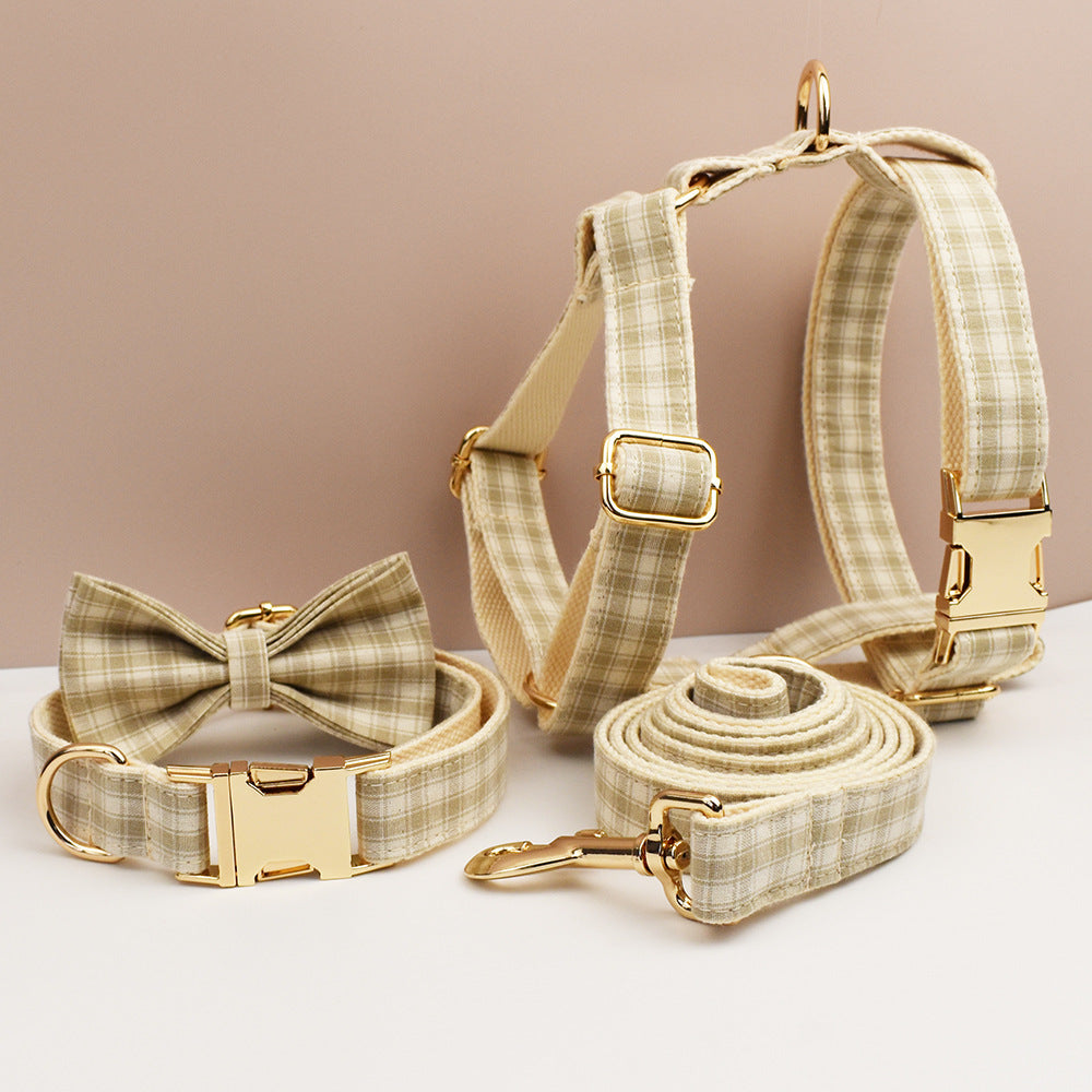 Collar y correa para perro de cuadros beige y blancos